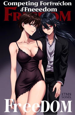 A striking cover for 'Competing For Freedom' featuring a handsome male character with short black hair, looking confident but youthful, standing beside a stunning female character