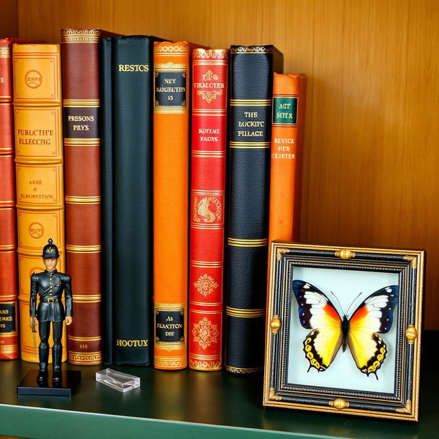 A shelf displaying a curated collection of precious books, showcasing their rich covers and spines