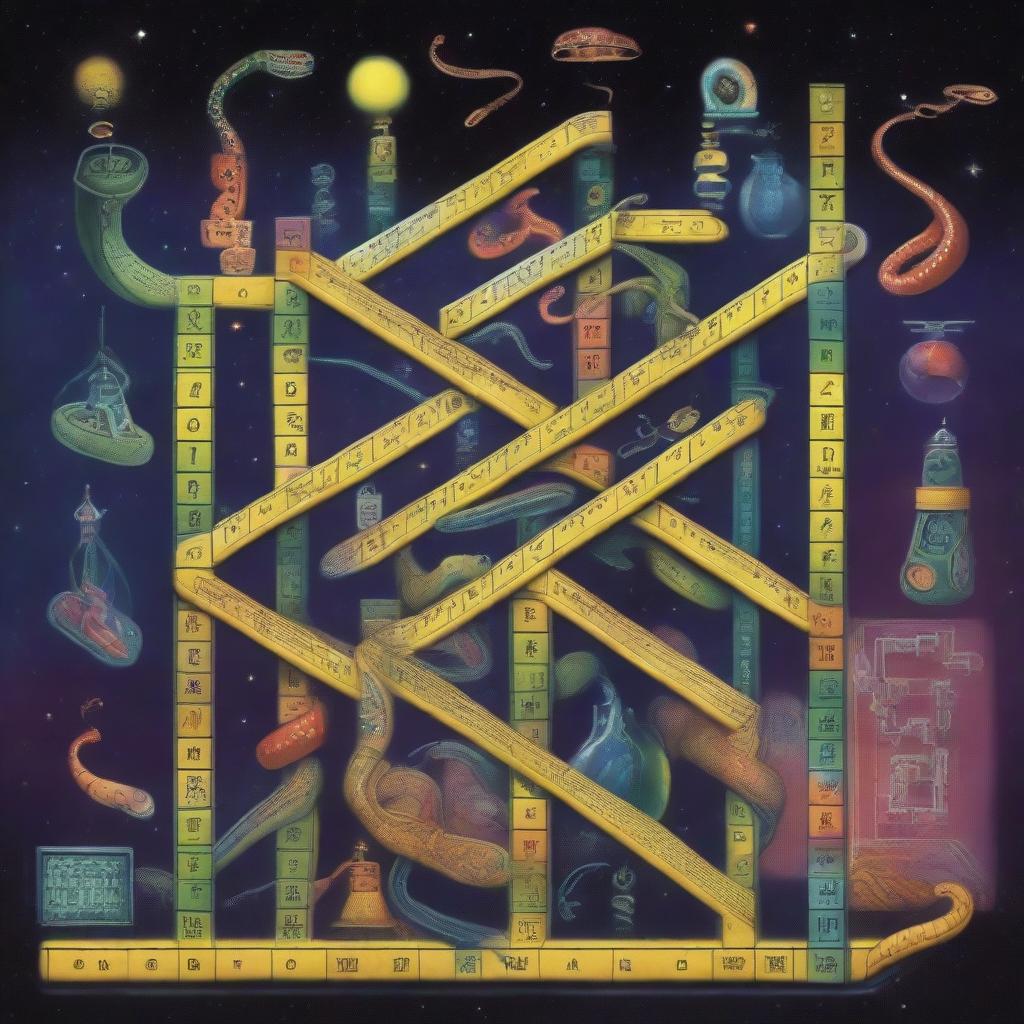 Generate a surreal image illustrating life as a game of snakes and ladders, with various life events represented by ladders and snakes intertwining in a cosmic space