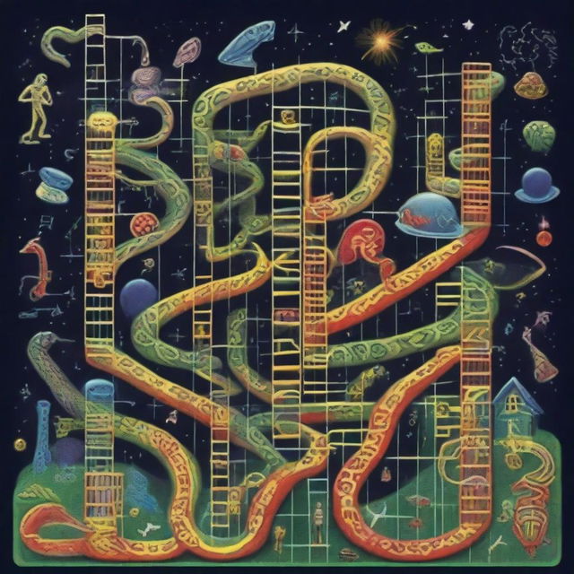 Generate a surreal image illustrating life as a game of snakes and ladders, with various life events represented by ladders and snakes intertwining in a cosmic space