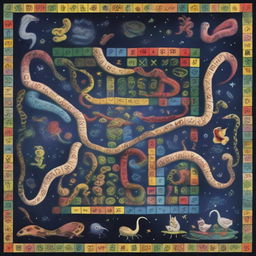 Generate a surreal image illustrating life as a game of snakes and ladders, with various life events represented by ladders and snakes intertwining in a cosmic space