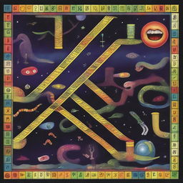 Generate a surreal image illustrating life as a game of snakes and ladders, with various life events represented by ladders and snakes intertwining in a cosmic space