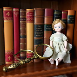 A beautiful display of a carefully selected row of precious books on a wooden shelf