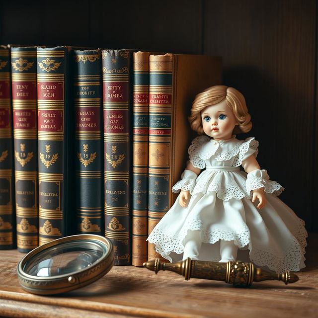 A beautiful display of a carefully selected row of precious books on a wooden shelf