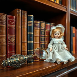 A beautiful display of a carefully selected row of precious books on a wooden shelf