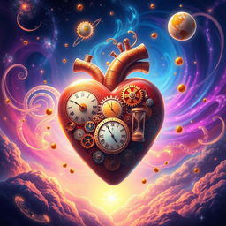 A surreal and vibrant illustration of temporal hearts, representing time and emotions intertwined
