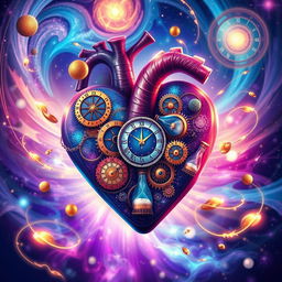 A surreal and vibrant illustration of temporal hearts, representing time and emotions intertwined