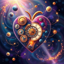 A surreal and vibrant illustration of temporal hearts, representing time and emotions intertwined