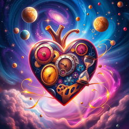 A surreal and vibrant illustration of temporal hearts, representing time and emotions intertwined