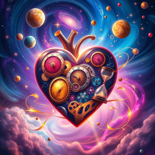 A surreal and vibrant illustration of temporal hearts, representing time and emotions intertwined