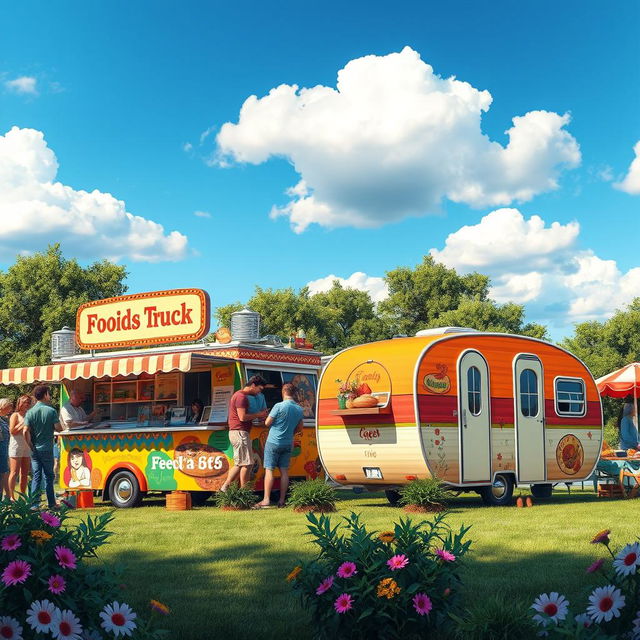 A beautifully rendered scene featuring a vibrant food truck and a stylish caravan parked in an idyllic outdoor setting