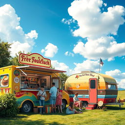 A beautifully rendered scene featuring a vibrant food truck and a stylish caravan parked in an idyllic outdoor setting
