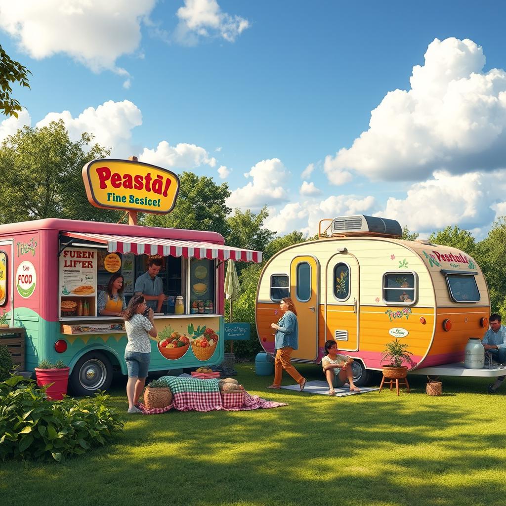 A beautifully rendered scene featuring a vibrant food truck and a stylish caravan parked in an idyllic outdoor setting