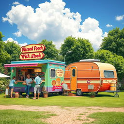 A beautifully rendered scene featuring a vibrant food truck and a stylish caravan parked in an idyllic outdoor setting