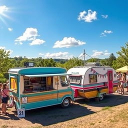 A picturesque scene showcasing a charming food truck and a vintage caravan in a scenic outdoor location