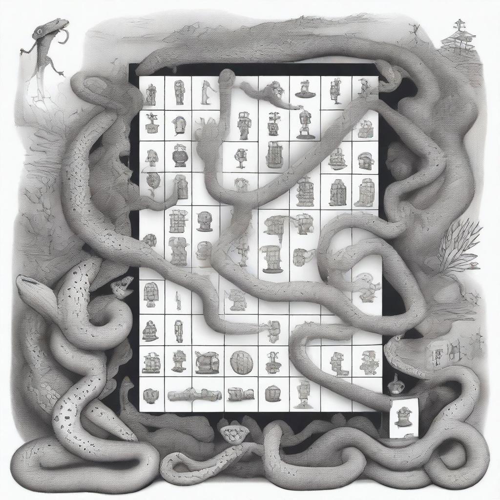 Generate an image of a surreal, monochrome pen drawing depicting life as a game of snakes and ladders, imbued with abstract, surreal creatures interacting with the game pieces