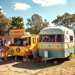 A picturesque scene showcasing a charming food truck and a vintage caravan in a scenic outdoor location