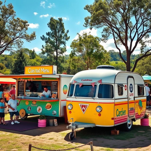 A picturesque scene showcasing a charming food truck and a vintage caravan in a scenic outdoor location