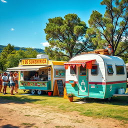 A picturesque scene showcasing a charming food truck and a vintage caravan in a scenic outdoor location