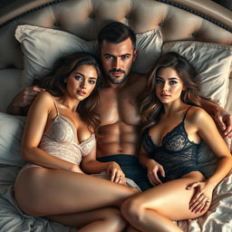 Two gorgeous young women with mesmerizing blue eyes, elegantly adorned in sexy lingerie, are playfully lounging in a sumptuous bed alongside a muscular and powerful man