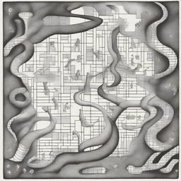 Generate an image of a surreal, monochrome pen drawing depicting life as a game of snakes and ladders, imbued with abstract, surreal creatures interacting with the game pieces