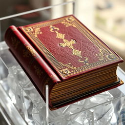 An precious ancient book with a rich red cover, decorated with elegant gold embellishments on the spine, intricately designed