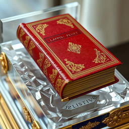 An precious ancient book with a rich red cover, decorated with elegant gold embellishments on the spine, intricately designed