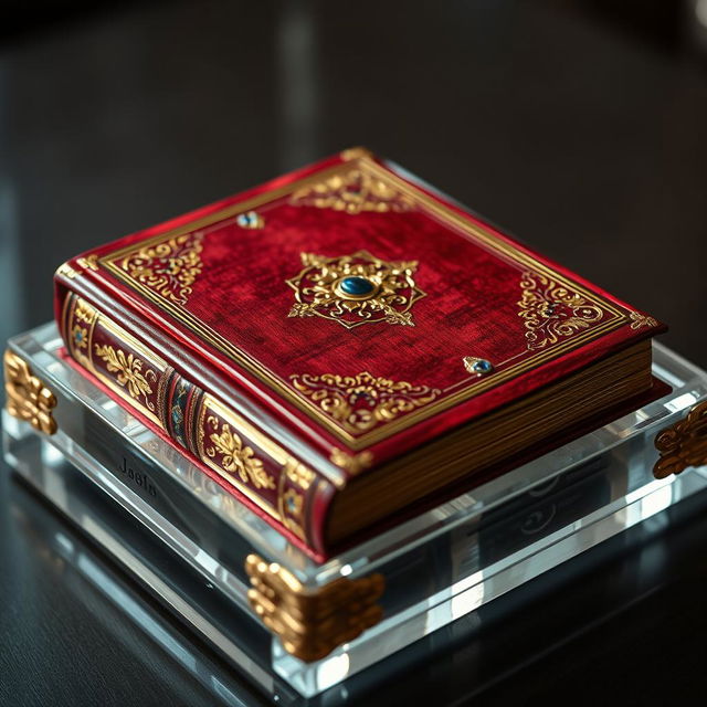 An precious ancient book with a rich red cover, decorated with elegant gold embellishments on the spine, intricately designed