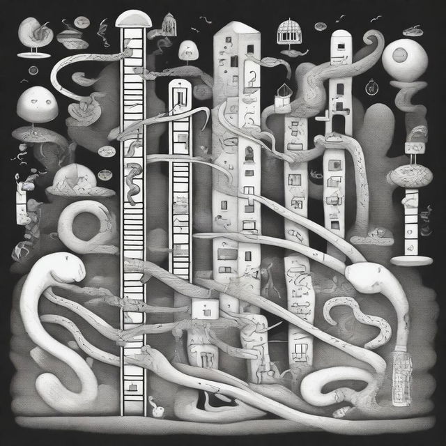 Generate an image of a surreal, monochrome pen drawing depicting life as a game of snakes and ladders, imbued with abstract, surreal creatures interacting with the game pieces