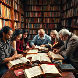 A small diverse group of book collectors sitting at a desk in a library room, deeply engaged in studying precious ancient books spread across the table