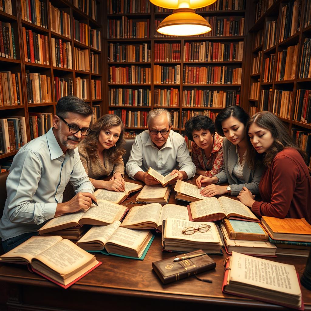 A small diverse group of book collectors sitting at a desk in a library room, deeply engaged in studying precious ancient books spread across the table