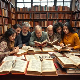 A small diverse group of book collectors sitting at a desk in a library room, deeply engaged in studying precious ancient books spread across the table