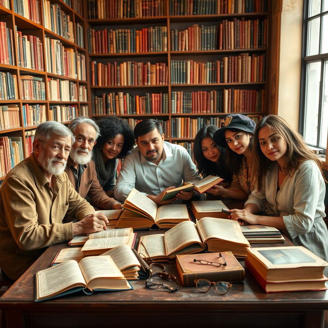 A small diverse group of book collectors sitting at a desk in a library room, deeply engaged in studying precious ancient books spread across the table