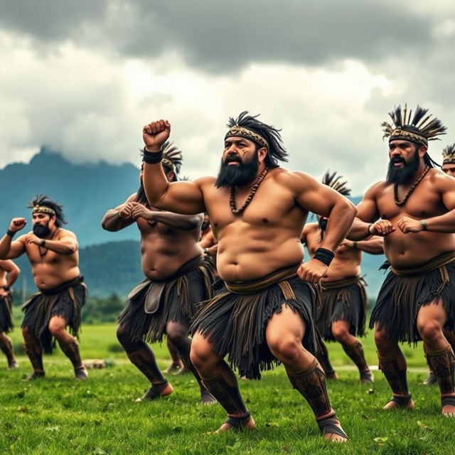 A powerful scene capturing a group of muscular Maori warriors performing a haka in traditional attire