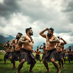 A powerful scene capturing a group of muscular Maori warriors performing a haka in traditional attire
