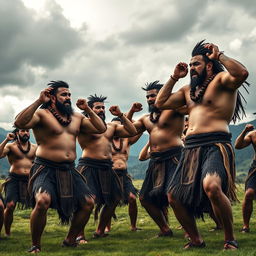 A powerful scene capturing a group of muscular Maori warriors performing a haka in traditional attire