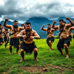 A powerful scene capturing a group of muscular Maori warriors performing a haka in traditional attire