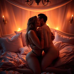 A passionate and intimate scene of two individuals in a romantic ambiance, exchanging sensual kisses in a softly lit environment