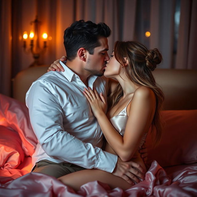 A passionate and intimate scene of two individuals in a romantic ambiance, exchanging sensual kisses in a softly lit environment