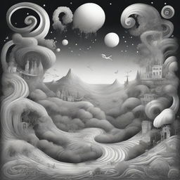 Generate an image of a surreal, monochrome pen drawing illustrating the fantastical life of an artist, involving a swirl of canvas, brushes, creations coming to life, and imaginative landscapes