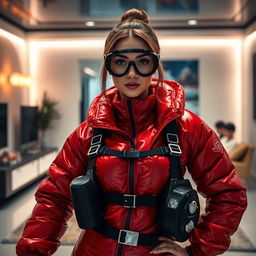 A hot slim girl with big boobs, exuding confidence, is clad in a shiny red puffy cold water immersion suit that perfectly emphasizes her figure