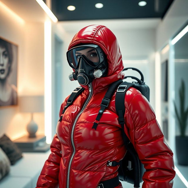 A hot slim girl with big boobs, exuding confidence, is clad in a shiny red puffy cold water immersion suit that perfectly emphasizes her figure