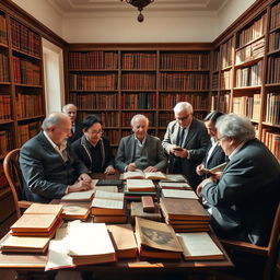 A small, heterogeneous group of book collectors, some seated at a desk in a bright library room, while others are standing nearby