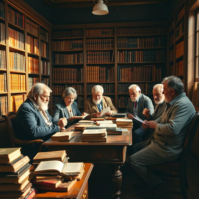 A small, heterogeneous group of book collectors, some seated at a desk in a bright library room, while others are standing nearby