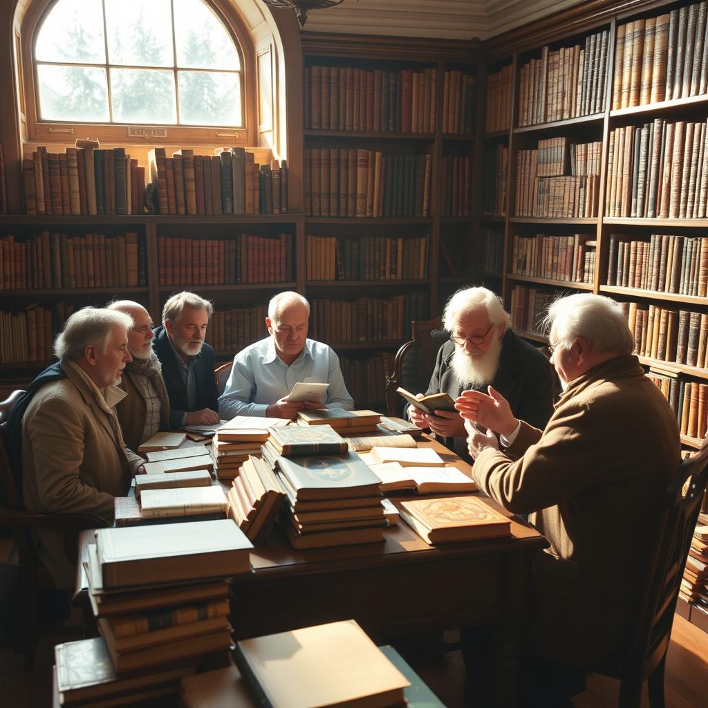 A small, heterogeneous group of book collectors, some seated at a desk in a bright library room, while others are standing nearby