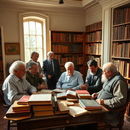 A small, heterogeneous group of book collectors, some seated at a desk in a bright library room, while others are standing nearby