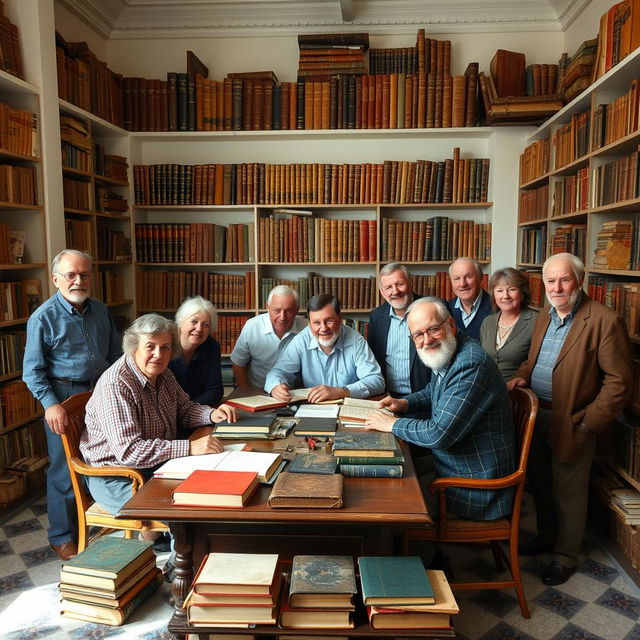 A small heterogeneous group of book collectors, some sitting at a desk in a library room while others stand nearby