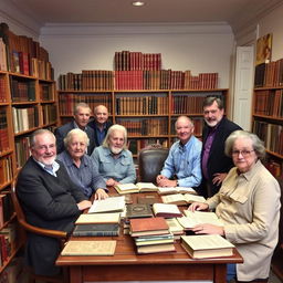 A small heterogeneous group of book collectors, some sitting at a desk in a library room while others stand nearby