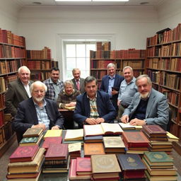 A small heterogeneous group of book collectors, some sitting at a desk in a library room while others stand nearby