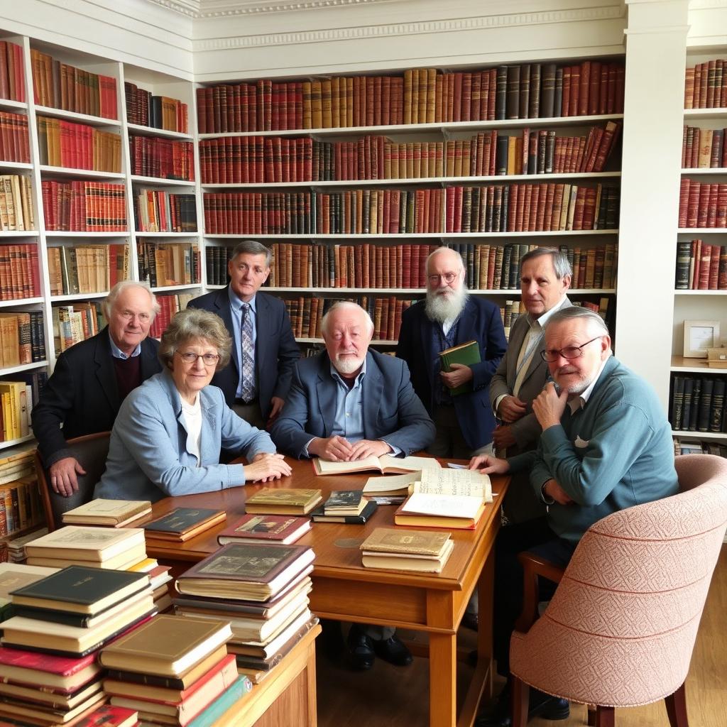 A small heterogeneous group of book collectors, some sitting at a desk in a library room while others stand nearby